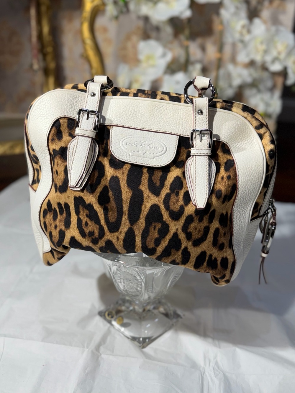 Dolce & Gabbana Leopard Print Satchel with Cream Trim